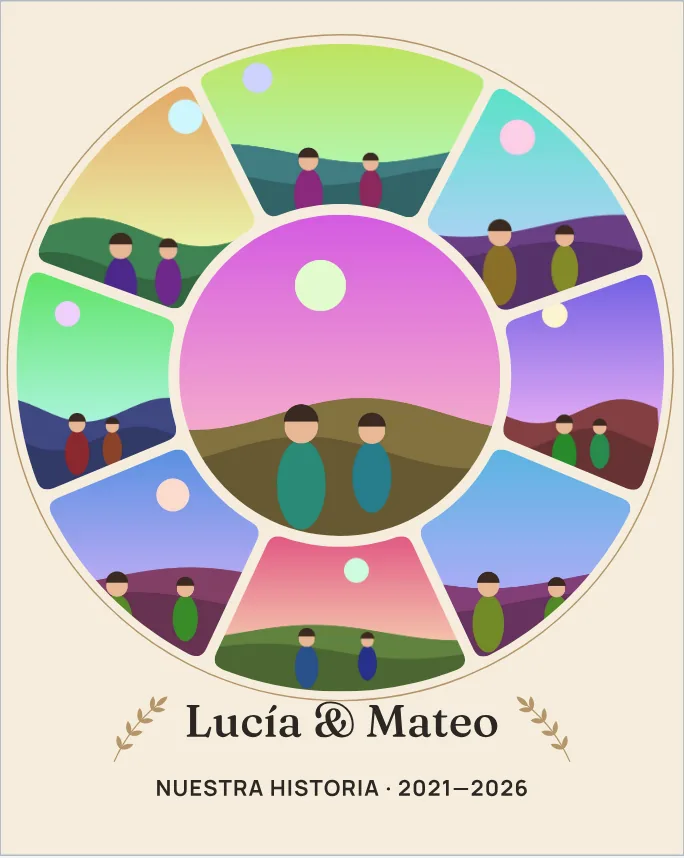 Diseño de boda en círculo con el título «Lucía y Mateo», con fotos de prueba ilustradas