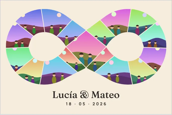 El símbolo del infinito formado por fotos de prueba, con el título Lucía y Mateo