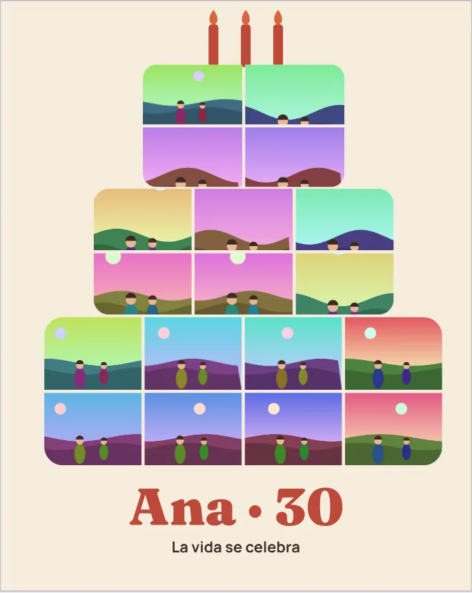 Un pastel de cumpleaños formado por fotos de prueba, con el texto Ana 30