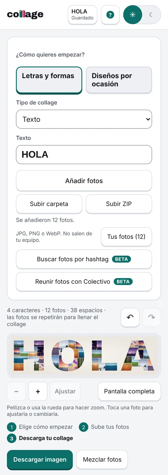 El editor en un teléfono: el texto HOLA relleno con 12 fotos de prueba y los botones Descargar imagen y Mezclar fotos