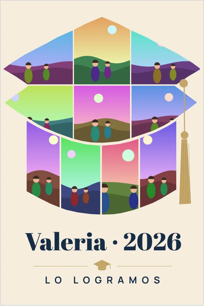 Un birrete de graduación formado por fotos de prueba, con el título Valeria 2026