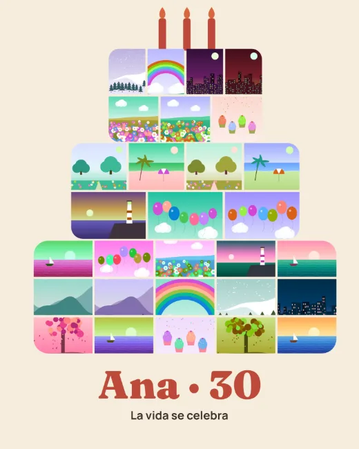Diseño «La vida en capas» de Cumpleaños, hecho con el motor de la app y fotos de demostración ilustradas