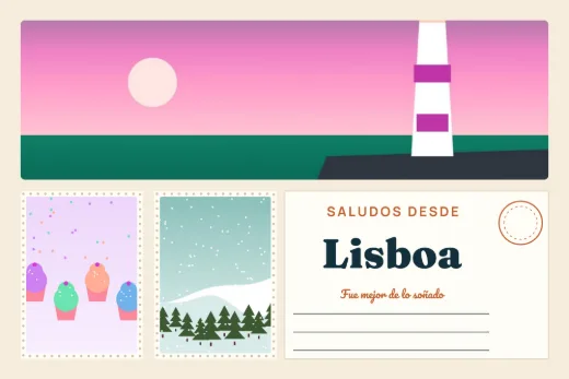 Diseño «Postal desde…» de Viajes y vacaciones, hecho con el motor de la app y fotos de demostración ilustradas